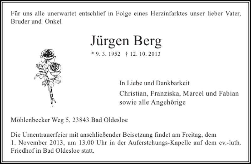  Traueranzeige für Jürgen Berg vom 26.10.2013 aus Stormarner Tageblatt