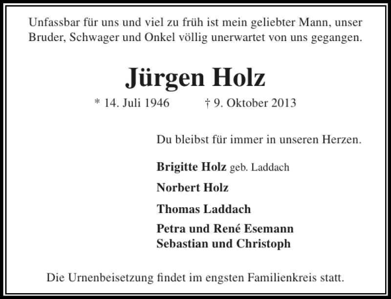  Traueranzeige für Jürgen Holz vom 19.10.2013 aus Stormarner Tageblatt