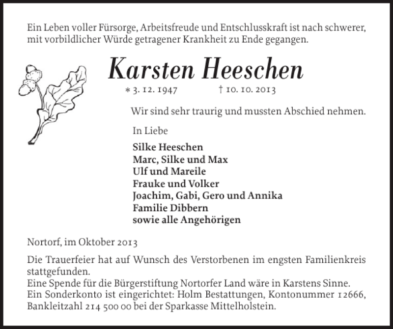  Traueranzeige für Karsten Heeschen vom 18.10.2013 aus Landeszeitung