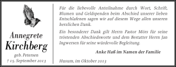 Traueranzeige von Kirchberg  von Husumer Nachrichten