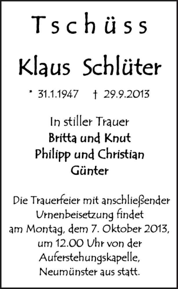  Traueranzeige für Klaus Schlüter vom 05.10.2013 aus Holsteinischer Courier