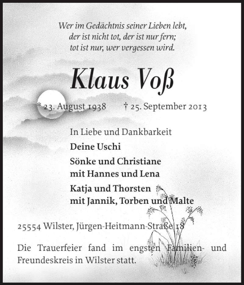  Traueranzeige für Klaus Voß vom 05.10.2013 aus Norddeutsche Rundschau