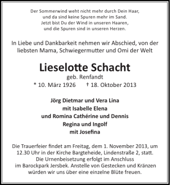 Traueranzeige von Lieselotte Schacht von Stormarner Tageblatt
