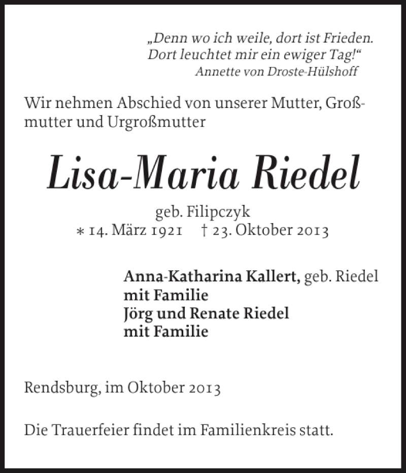 Traueranzeige für Lisa-Maria Riedel vom 30.10.2013 aus Landeszeitung