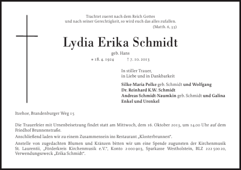  Traueranzeige für Lydia Erika Schmidt vom 11.10.2013 aus Norddeutsche Rundschau