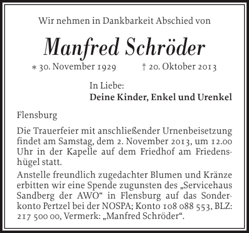 Traueranzeige für Manfred Schröder vom 26.10.2013 aus Flensburger Tageblatt