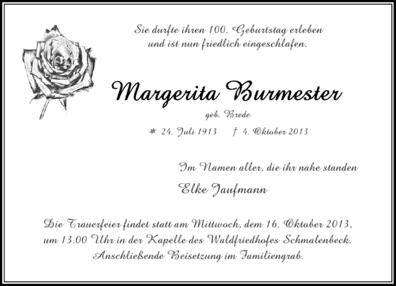  Traueranzeige für Margerita Burmester vom 12.10.2013 aus Stormarner Tageblatt