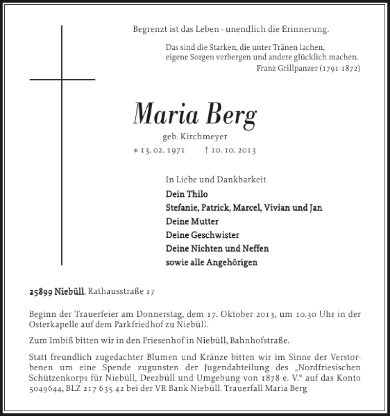  Traueranzeige für Maria Berg vom 15.10.2013 aus Nordfriesland Tageblatt
