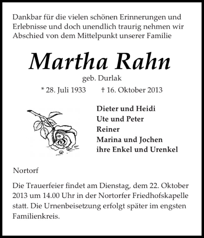 Traueranzeige für Martha Rahn vom 19.10.2013 aus Landeszeitung
