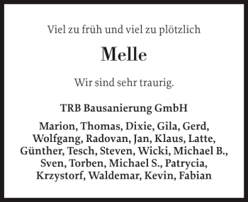 Traueranzeige von Melle  von Ostholsteiner Anzeiger