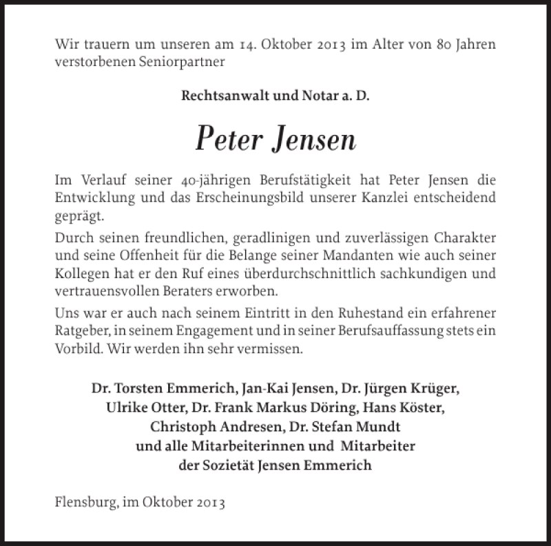  Traueranzeige für Peter Jensen vom 19.10.2013 aus Flensburger Tageblatt