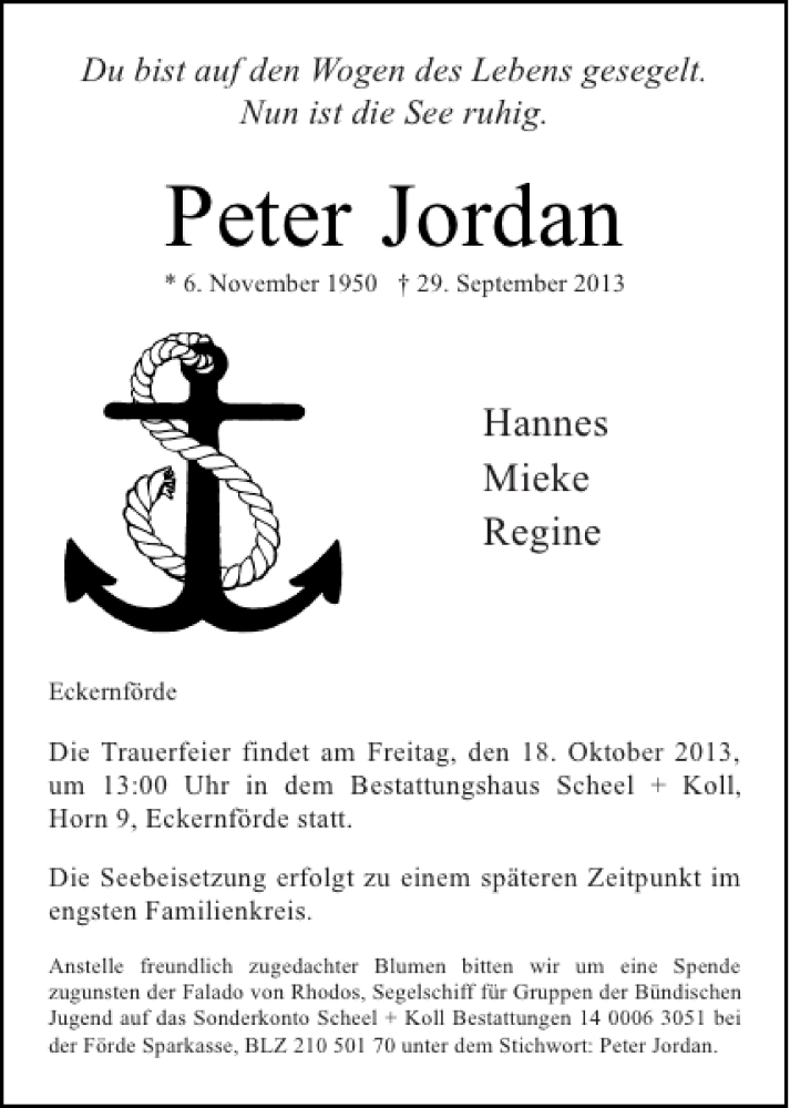  Traueranzeige für Peter Jordan vom 05.10.2013 aus Eckernförder Zeitung