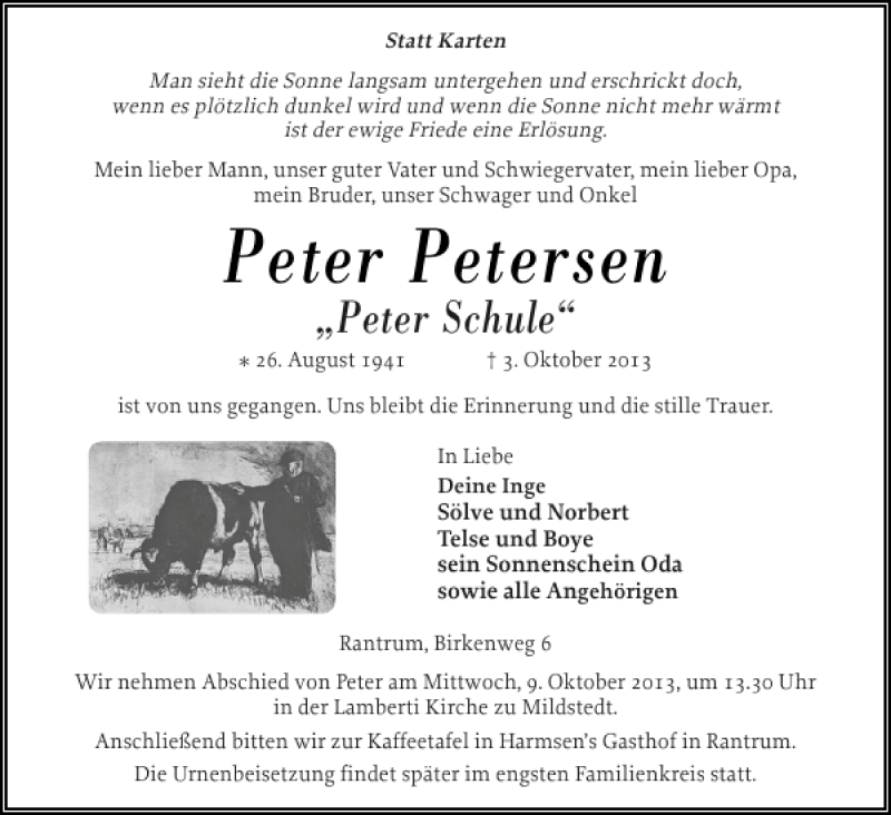 Traueranzeige für Peter Petersen vom 05.10.2013 aus Husumer Nachrichten