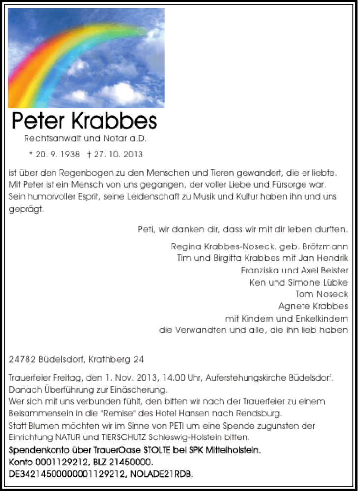 Traueranzeige für Peter Krabbes Rechtsanwalt und Notar a.D.  vom 30.10.2013 aus Landeszeitung