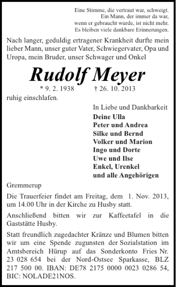 Traueranzeige für Rudolf Meyer vom 30.10.2013 aus Schleswiger Nachrichten