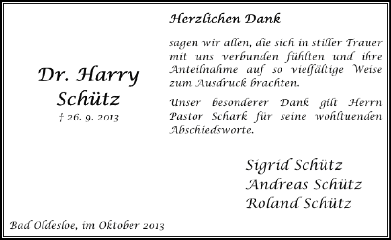  Traueranzeige für Sigrid Schütz Andreas Schütz Roland Schütz  vom 26.10.2013 aus Stormarner Tageblatt