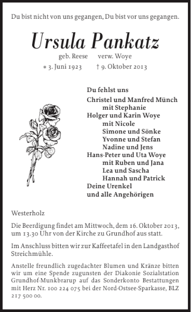  Traueranzeige für Ursula Pankatz vom 11.10.2013 aus Flensburger Tageblatt
