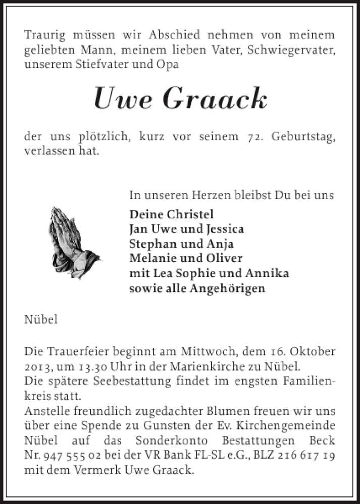  Traueranzeige für Uwe Graack vom 12.10.2013 aus Schleswiger Nachrichten