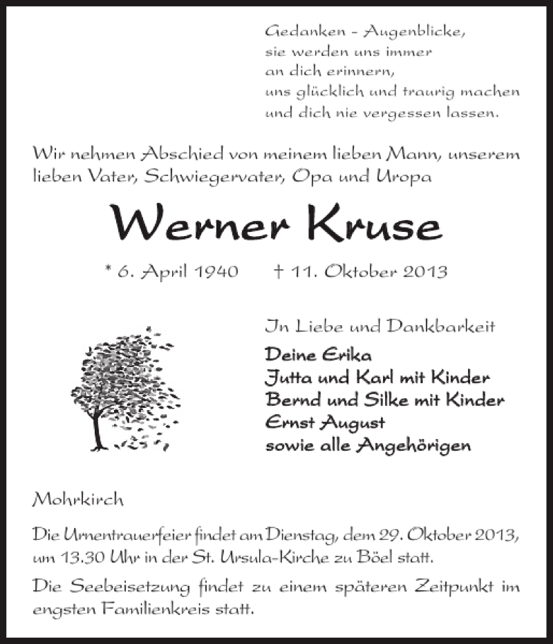  Traueranzeige für Werner Kruse vom 16.10.2013 aus Schleswiger Nachrichten