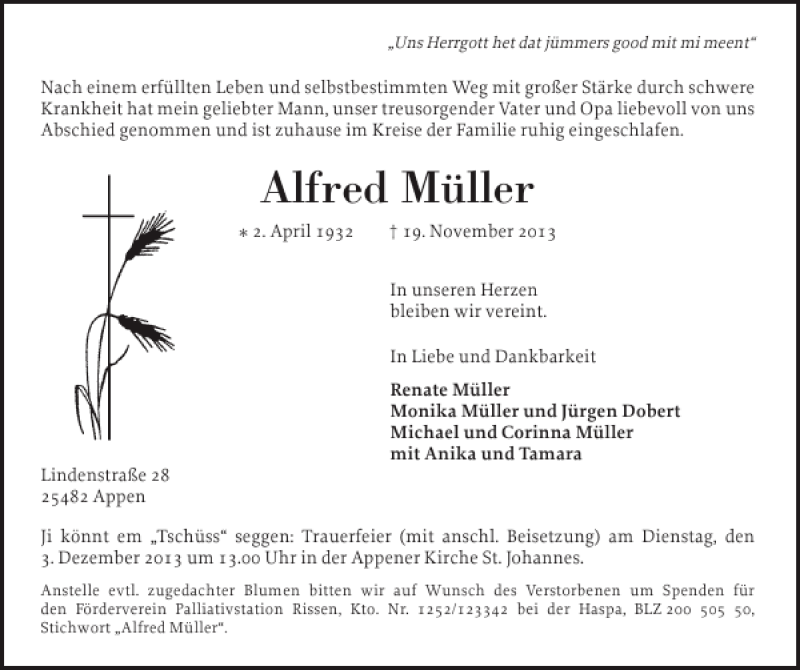  Traueranzeige für Alfred Müller vom 27.11.2013 aus Pinneberger Tageblatt