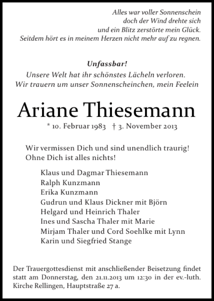  Traueranzeige für Ariane Thiesemann vom 16.11.2013 aus Pinneberger Tageblatt