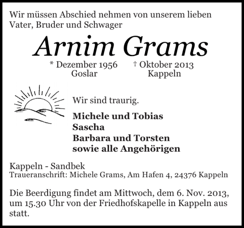  Traueranzeige für Arnim Grams vom 04.11.2013 aus Schlei-Bote