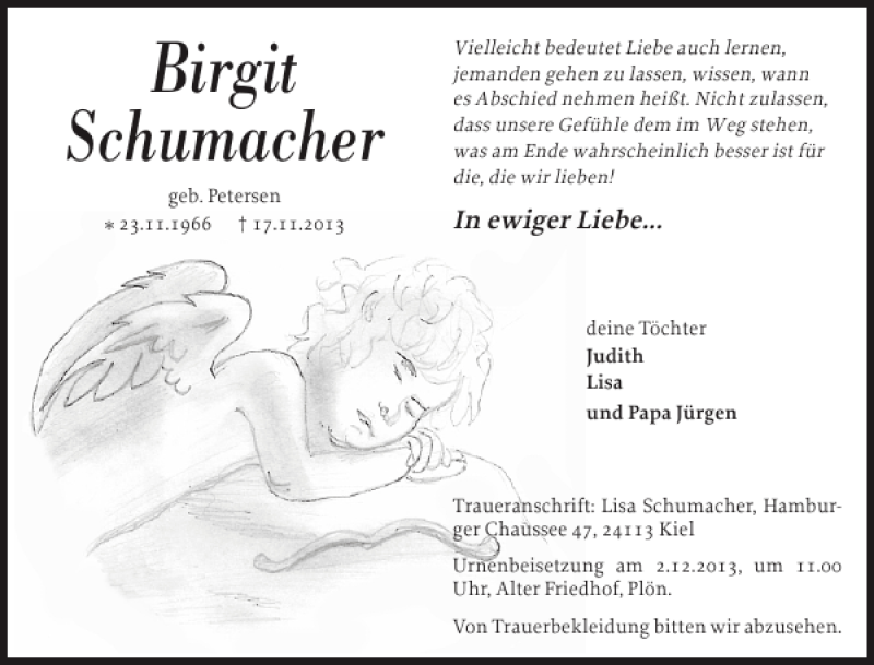  Traueranzeige für Birgit Schumacher vom 30.11.2013 aus Ostholsteiner Anzeiger
