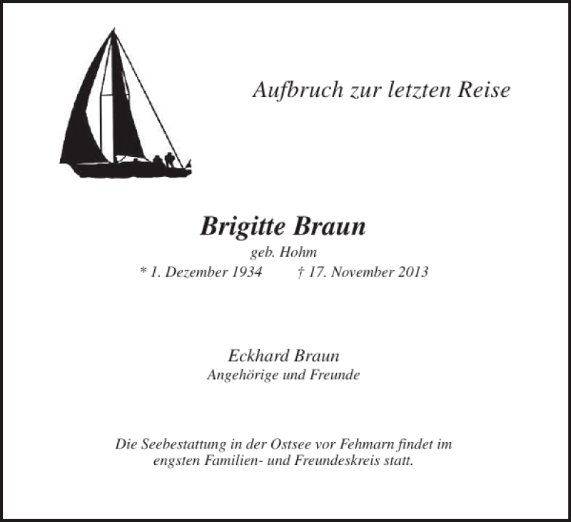  Traueranzeige für Brigitte Braun vom 23.11.2013 aus Pinneberger Tageblatt