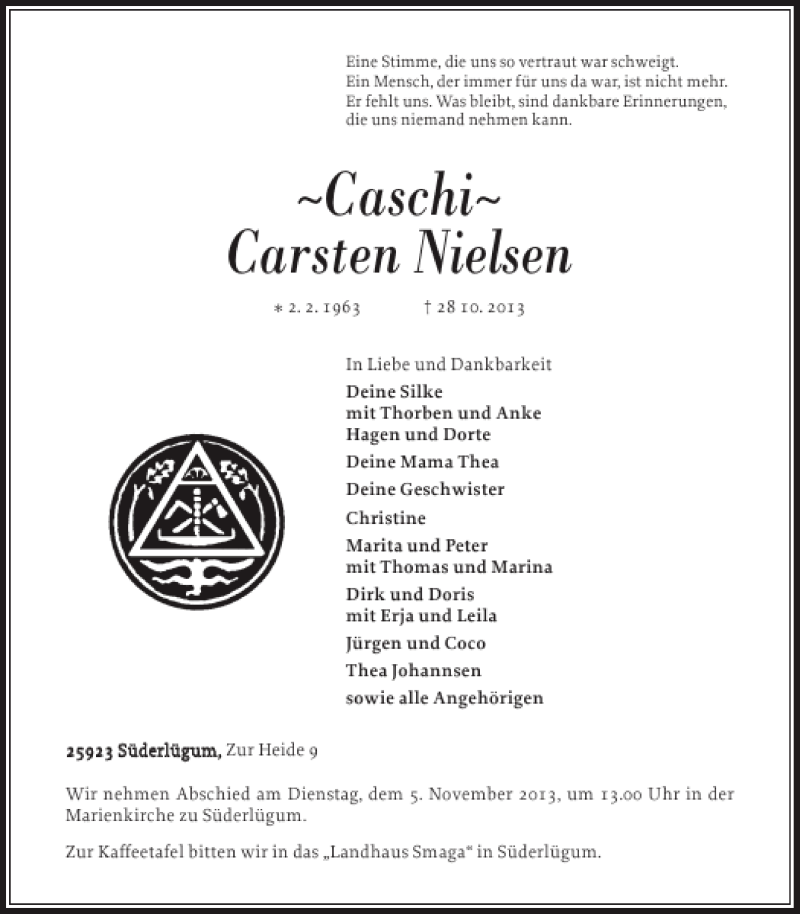  Traueranzeige für Caschi Carsten Nielsen vom 01.11.2013 aus Nordfriesland Tageblatt