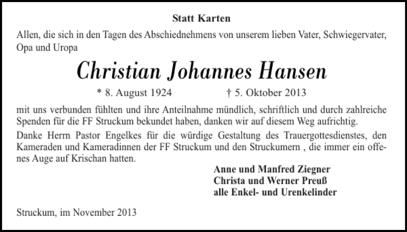  Traueranzeige für Christian Johannes Hansen vom 11.11.2013 aus Nordfriesland Tageblatt
