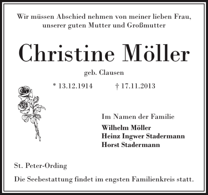  Traueranzeige für Christine Möller vom 21.11.2013 aus Husumer Nachrichten