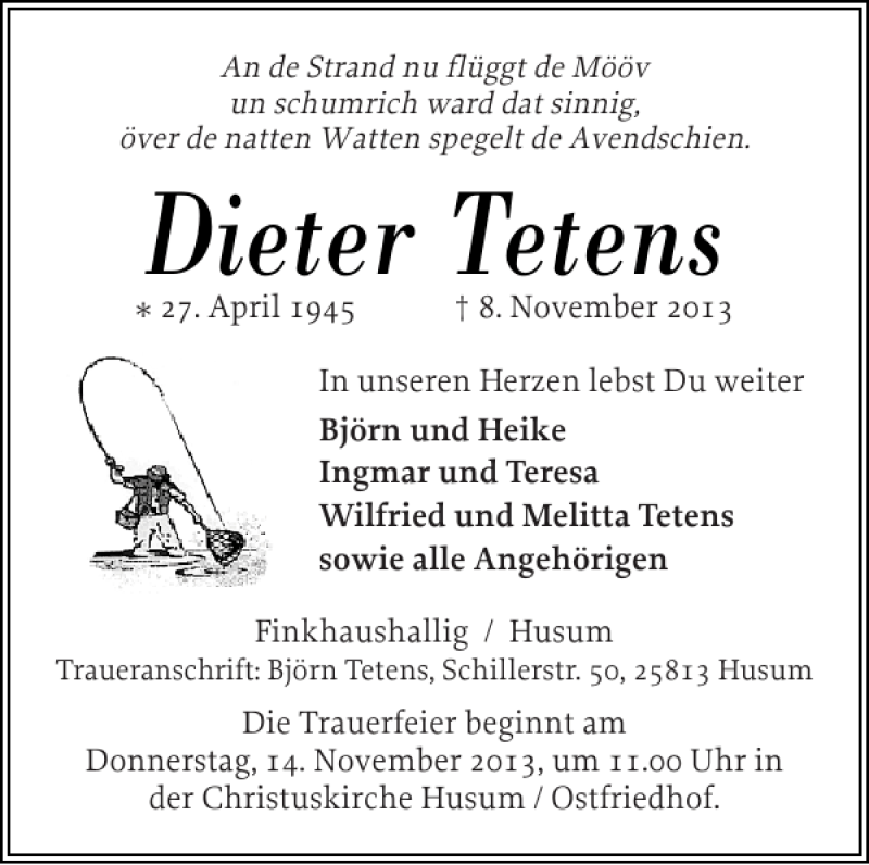  Traueranzeige für Dieter Tetens vom 12.11.2013 aus Husumer Nachrichten
