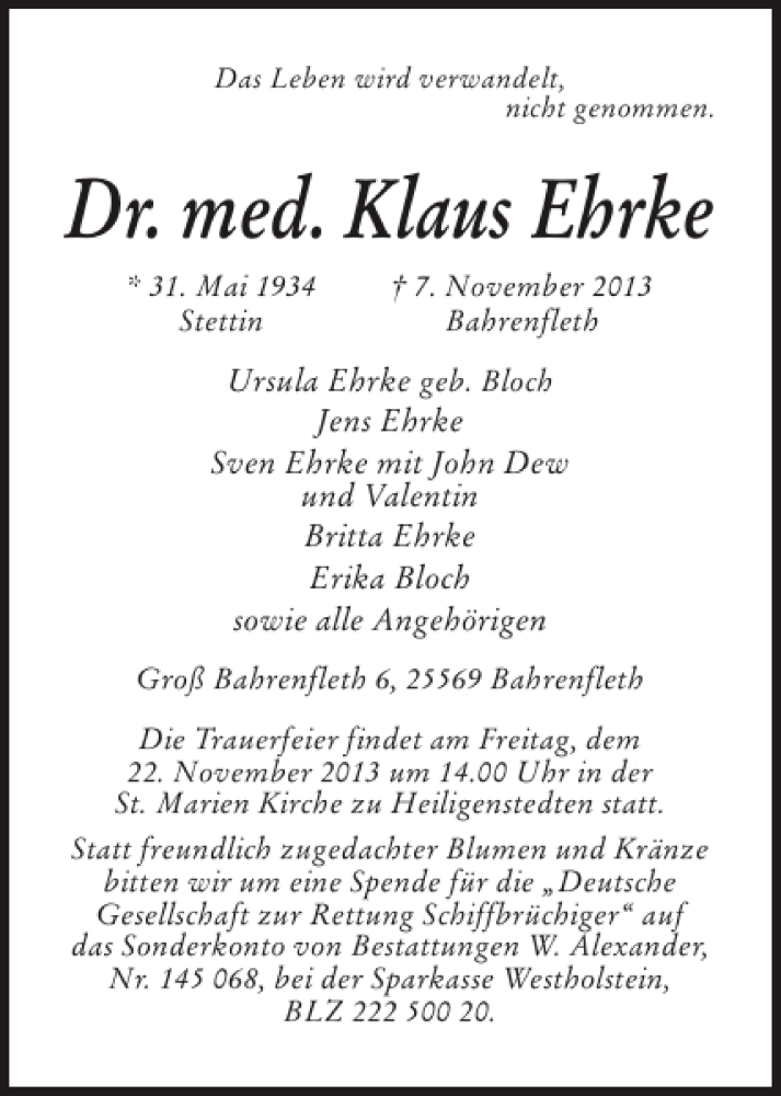  Traueranzeige für Dr. med. Klaus Ehrke vom 16.11.2013 aus Norddeutsche Rundschau