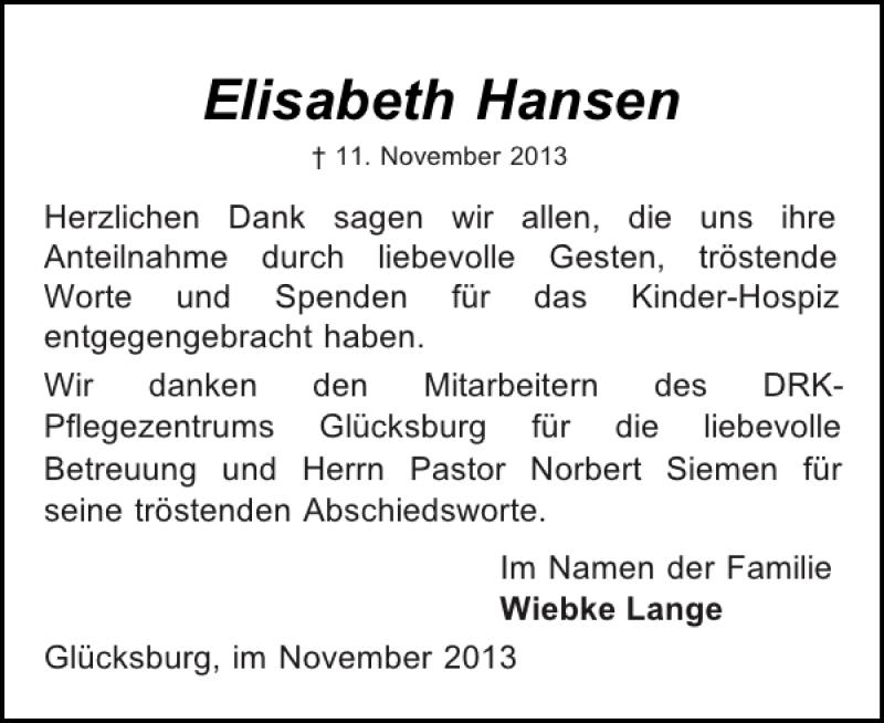  Traueranzeige für Elisabeth Hansen vom 30.11.2013 aus Flensburger Tageblatt