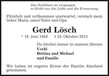 Traueranzeige von Gerd Lösch von Pinneberger Tageblatt