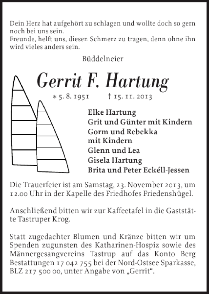  Traueranzeige für Gerrit F. Hartung vom 20.11.2013 aus Flensburger Tageblatt