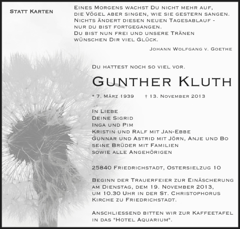  Traueranzeige für Gunther Kluth vom 15.11.2013 aus Husumer Nachrichten
