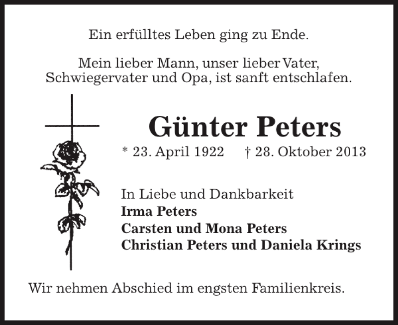  Traueranzeige für Günter Peters vom 02.11.2013 aus Pinneberger Tageblatt