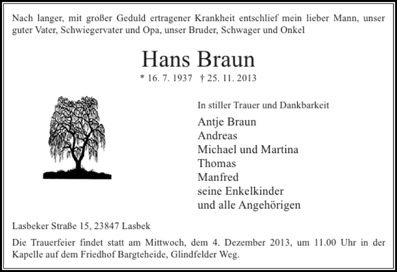  Traueranzeige für Hans Braun vom 30.11.2013 aus Stormarner Tageblatt