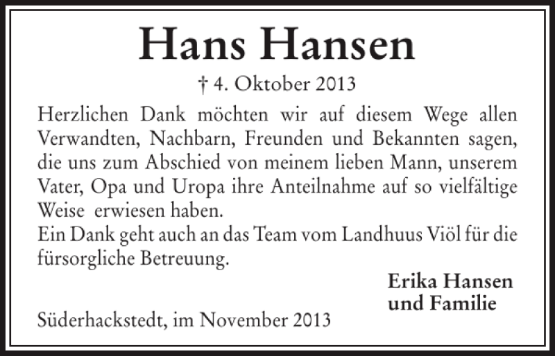  Traueranzeige für Hans Hansen vom 02.11.2013 aus Flensburger Tageblatt