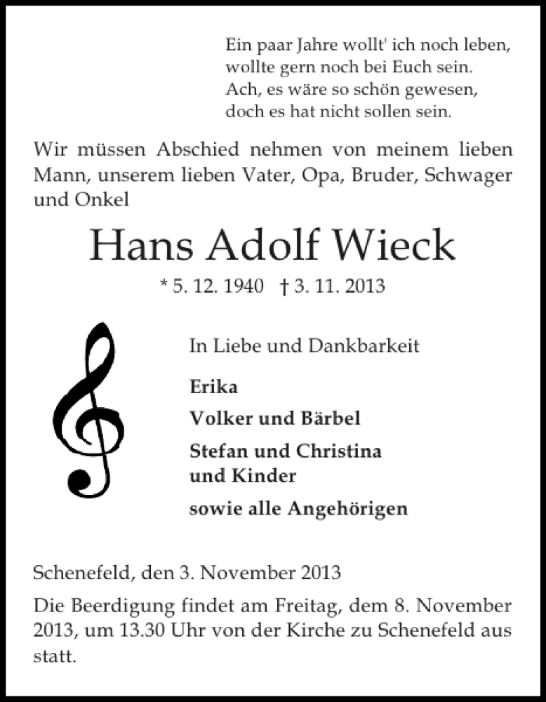  Traueranzeige für Hans Adolf Wieck vom 06.11.2013 aus Norddeutsche Rundschau