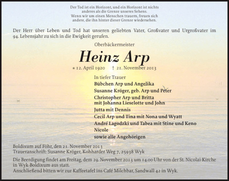  Traueranzeige für Heinz Arp vom 26.11.2013 aus Der Insel-Bote