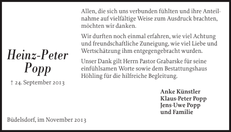  Traueranzeige für Heinz-Peter Popp vom 02.11.2013 aus Landeszeitung