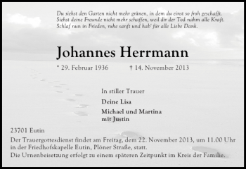 Traueranzeige von Johannes Herrmann von Ostholsteiner Anzeiger