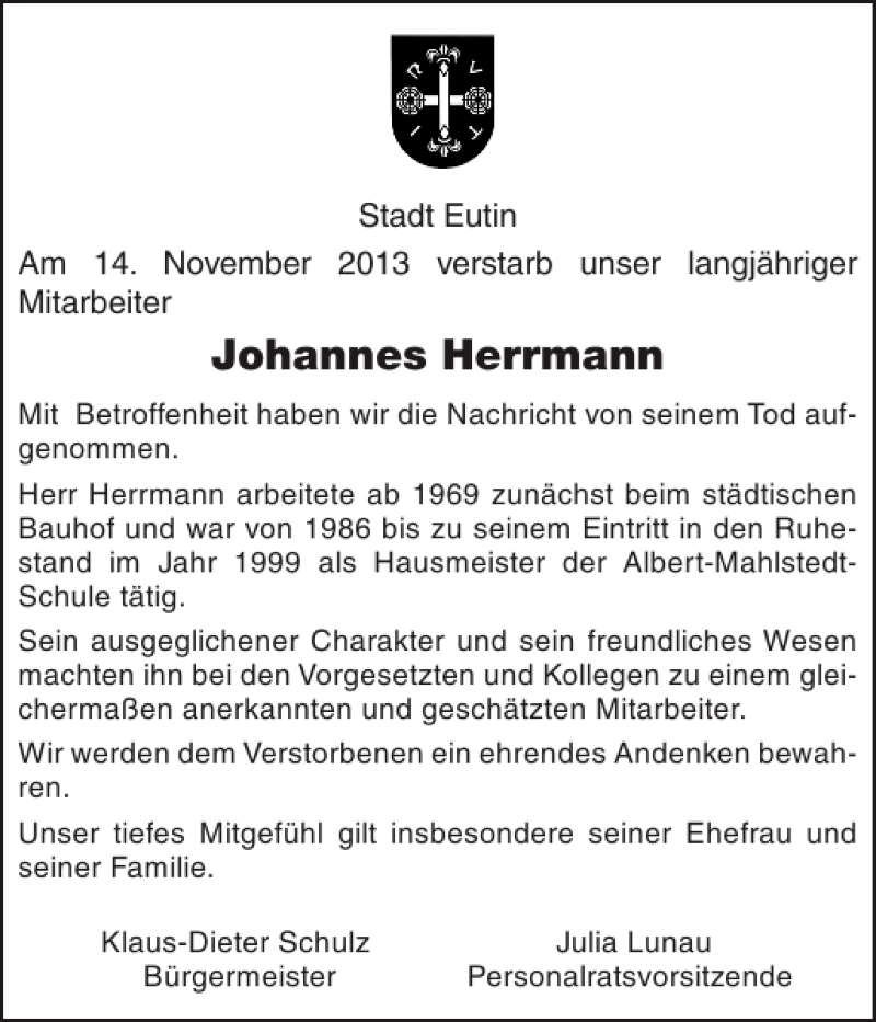  Traueranzeige für Johannes Herrmann vom 22.11.2013 aus Ostholsteiner Anzeiger