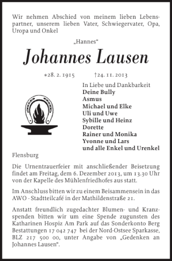 Traueranzeige von Johannes Lausen von Flensburger Tageblatt