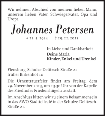 Traueranzeige von Johannes Petersen von Flensburger Tageblatt