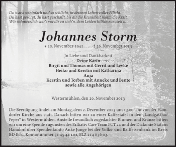 Traueranzeige von Johannes Storm von Landeszeitung
