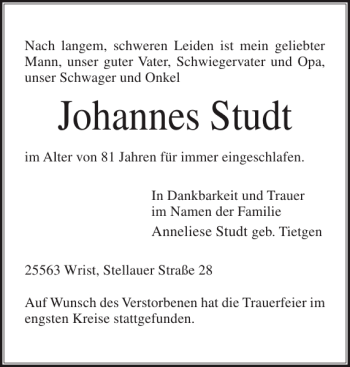 Traueranzeige von Johannes Studt von Norddeutsche Rundschau