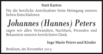 Traueranzeige von Johannes Hannes Peters von Husumer Nachrichten